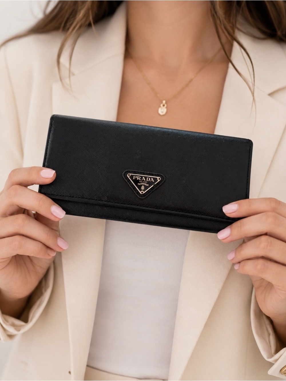 Prada Black Saffiano Leather Flap Wallet with Triangular Logo